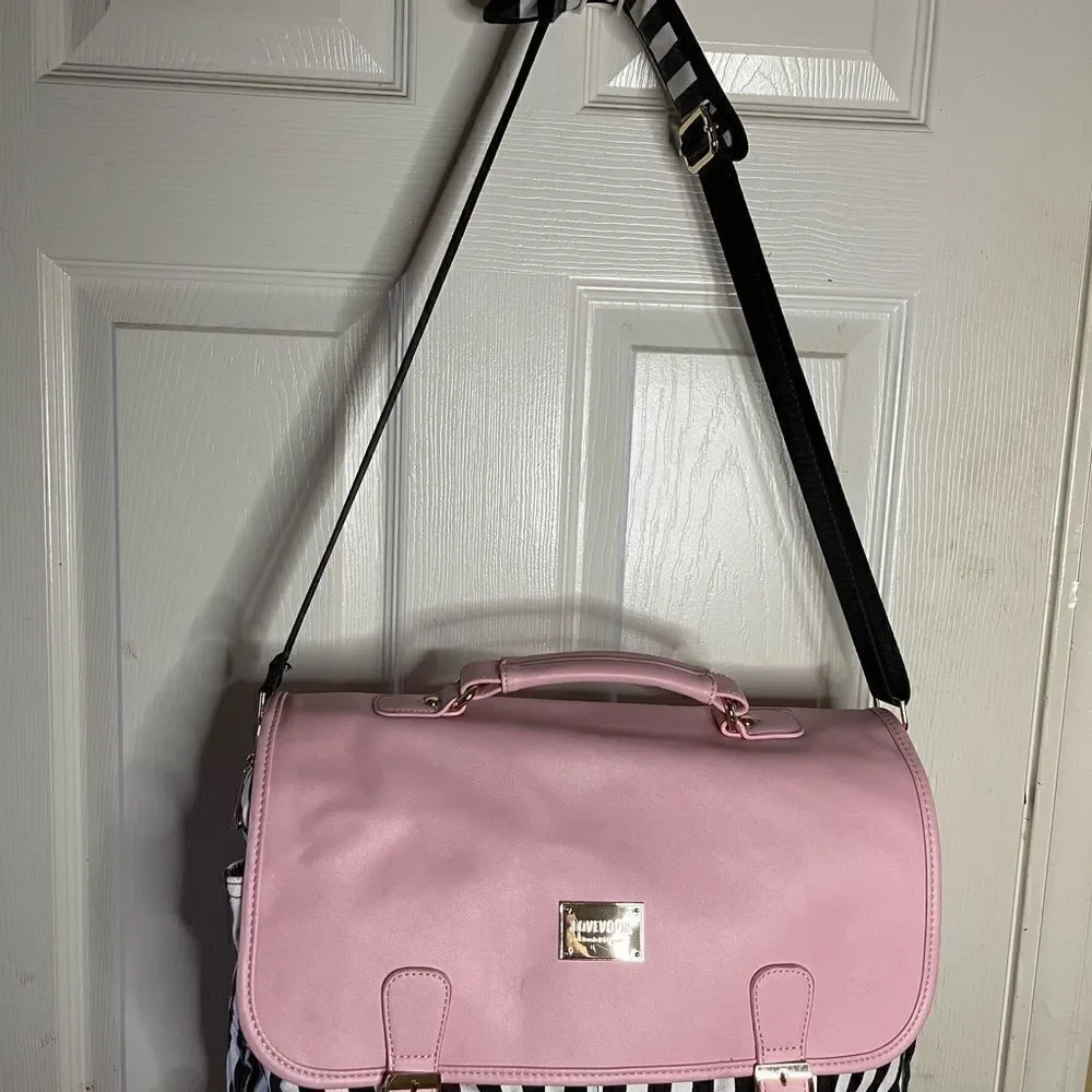 Lovevook laptop  shoulder bag Black & white stripes canvas,pink faux leather